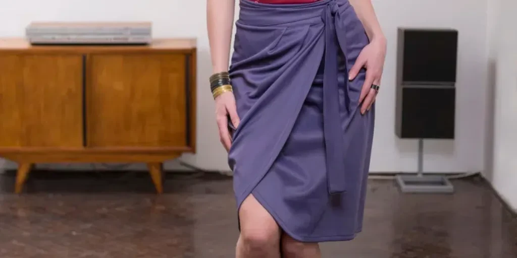 Beautiful young blonde woman wearing purple skirt and red shirt posing in front of white wall with wooden table and sound speakers looking into camera