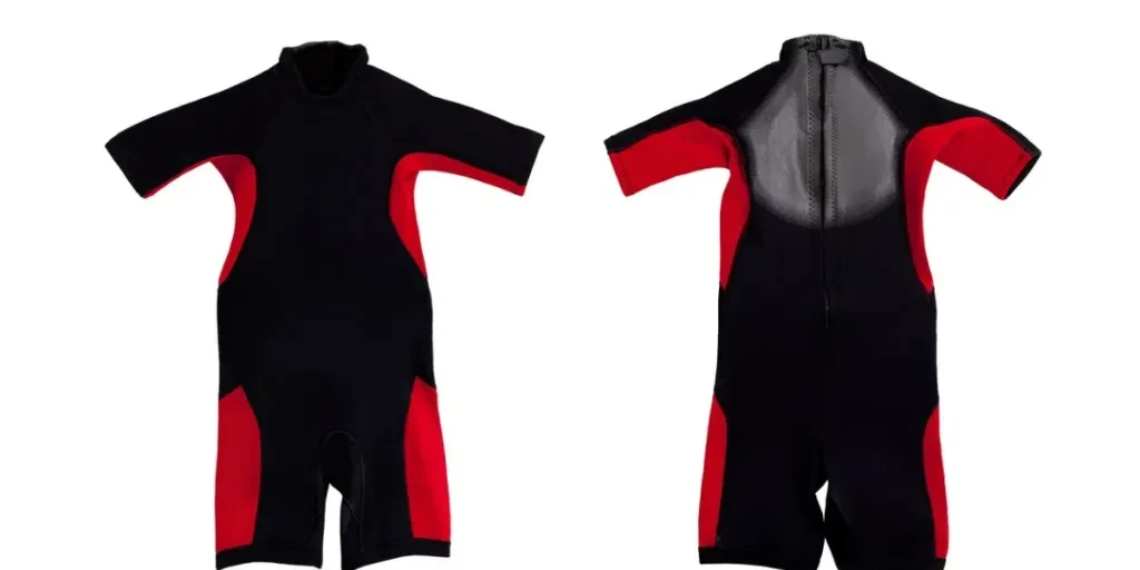 Black and red short diving plastic wet suit for underwater swimming isolated on white background