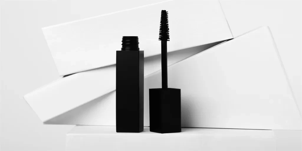 Black mascara and brush with geometric shapes on white background