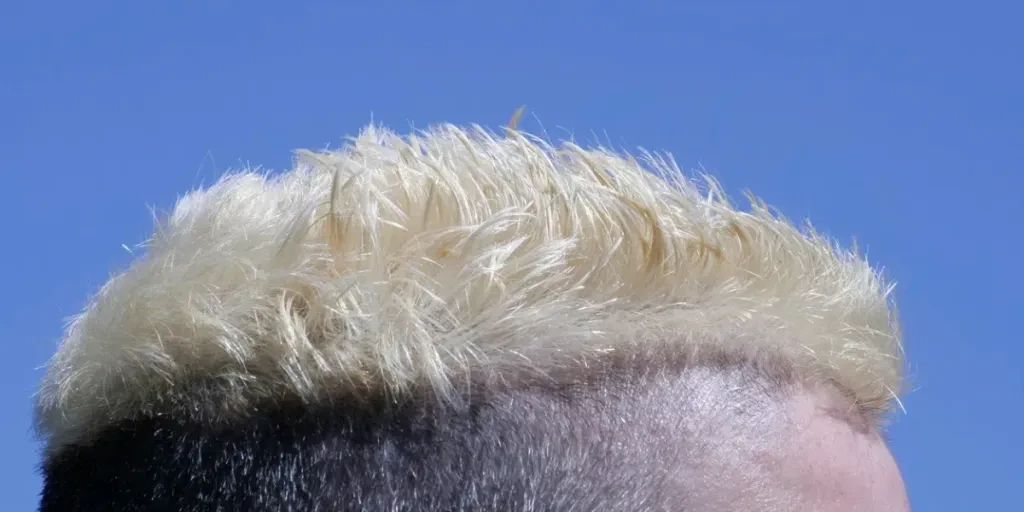 Bleached blonde top of head against blue sky