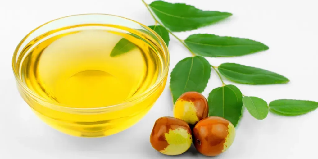 Bowl with jojoba oil, ripe fruits and green leaves on white background