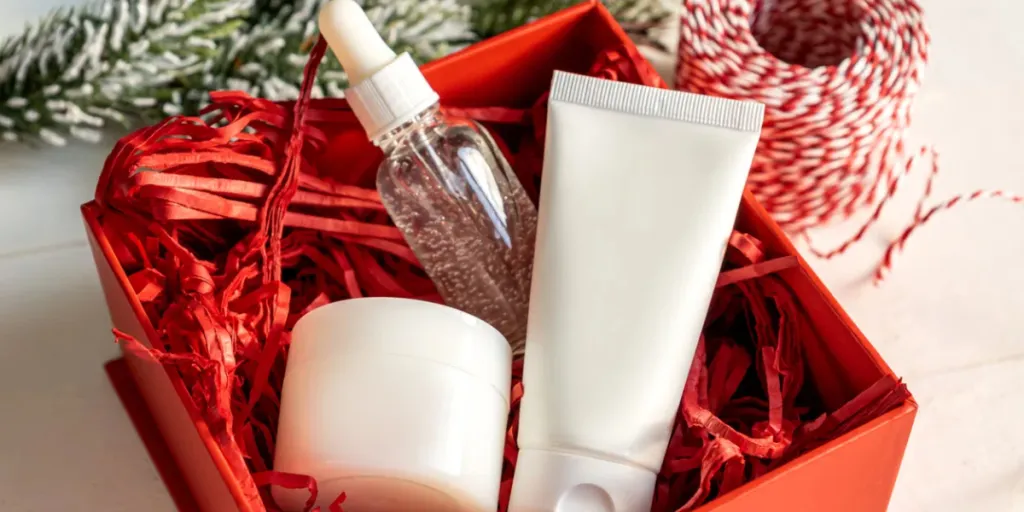 Christmas Beauty box with bottles of natural cosmetics