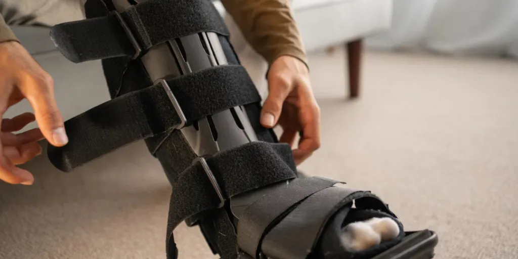 Close-up of Injury man with black splint on leg sitting on the sofa at home and wearing his orthosis