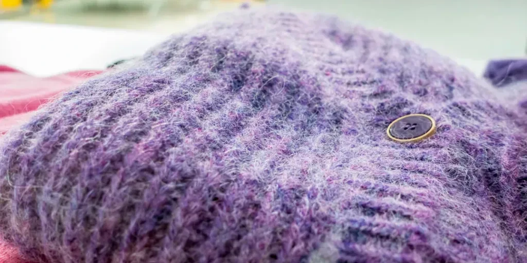 Close-up of strains of fabric fibers and a button on a winter garment