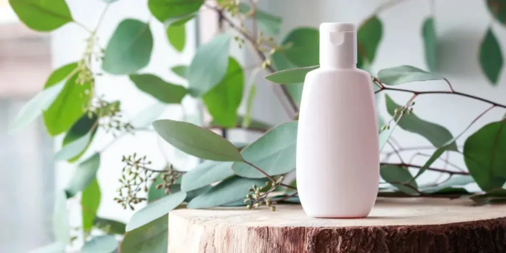 Cosmetic bottle with green leaves of eucalyptus