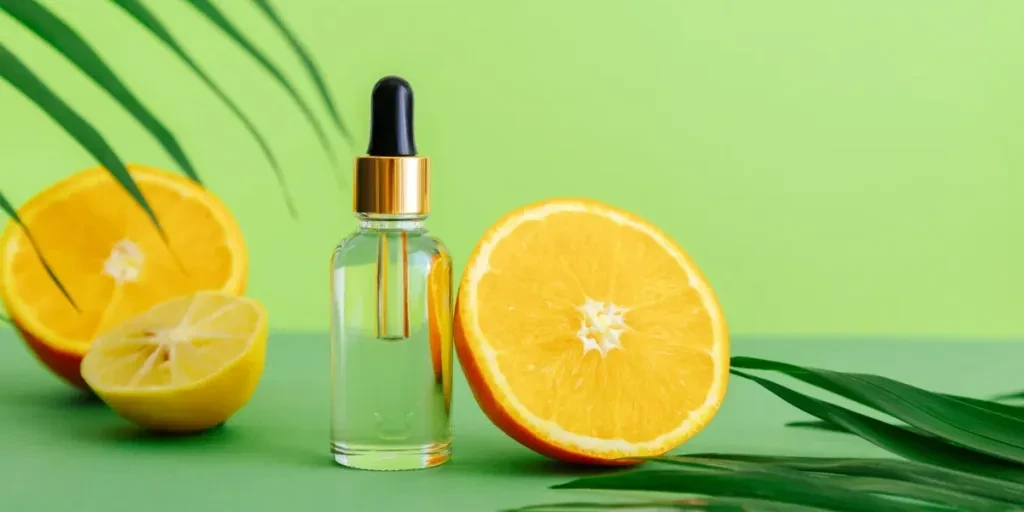 Cosmetic serum Vitamin C in glass bottle with pipette dropper