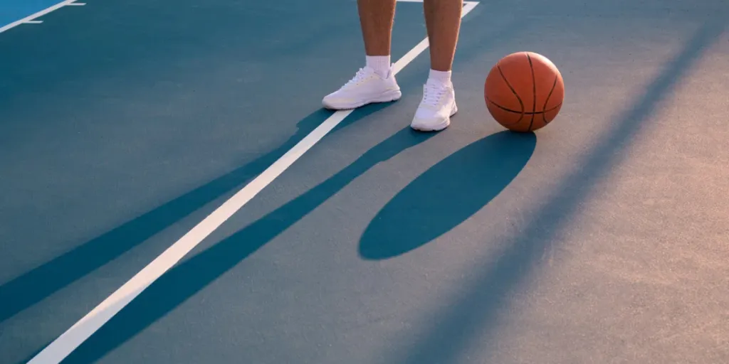 Detalle de los pies de un jugador con un balón en una cancha de baloncesto