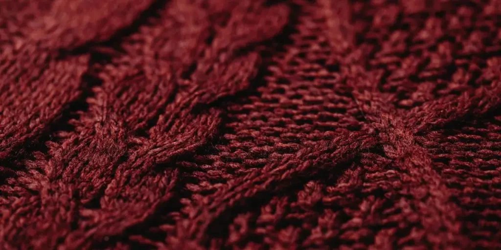 Detailansicht eines burgunderfarbenen gestrickten Textilgewebes mit komplizierten Mustern und Texturen von Photo