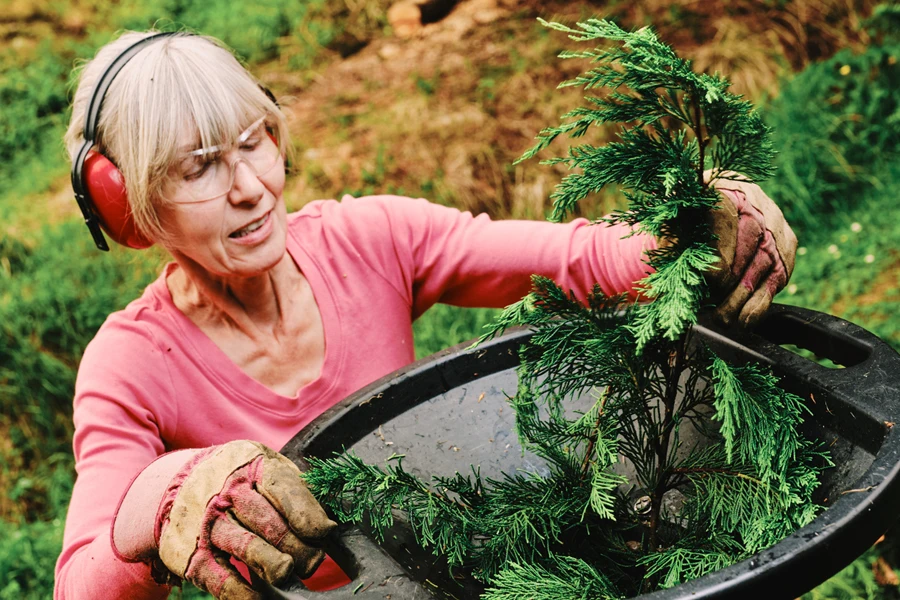 Une femme âgée introduit des branches fines dans un broyeur monté sur le dessus pour le compostage