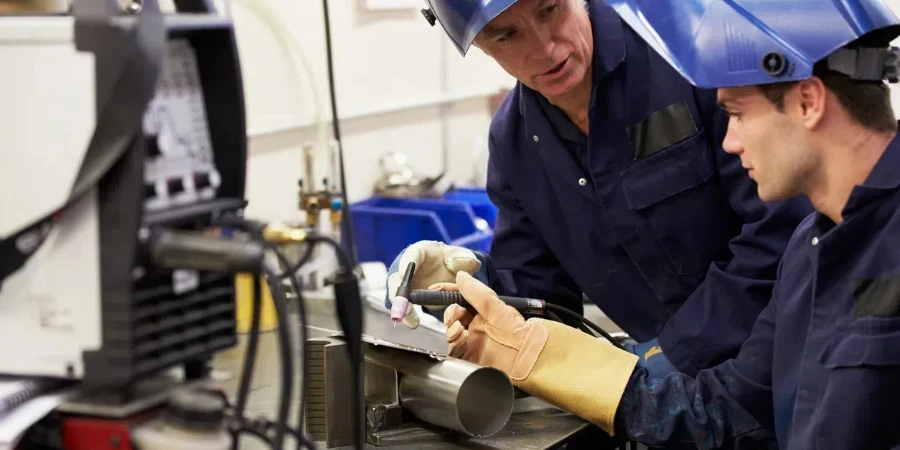 Ingegnere che insegna all'apprendista come usare la macchina per saldatura TIG al lavoro