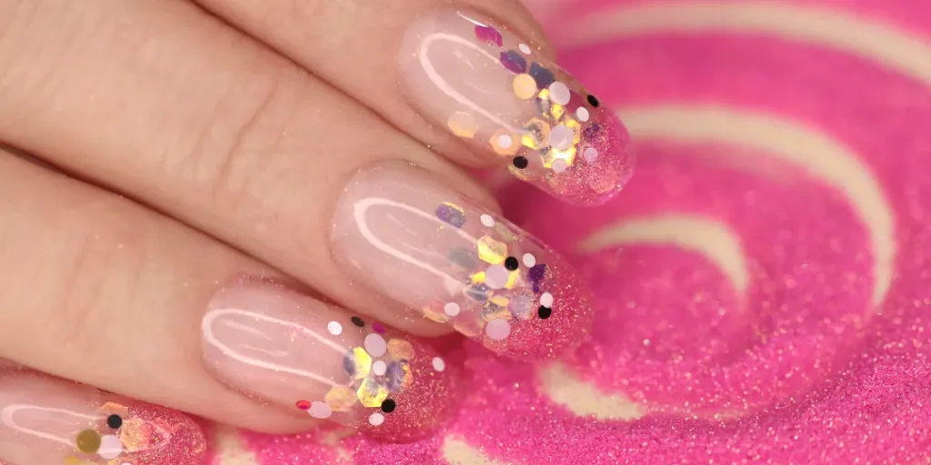 Manicure francese alla moda con acquario su unghie lunghe e arrotondate con paillettes di diverse dimensioni