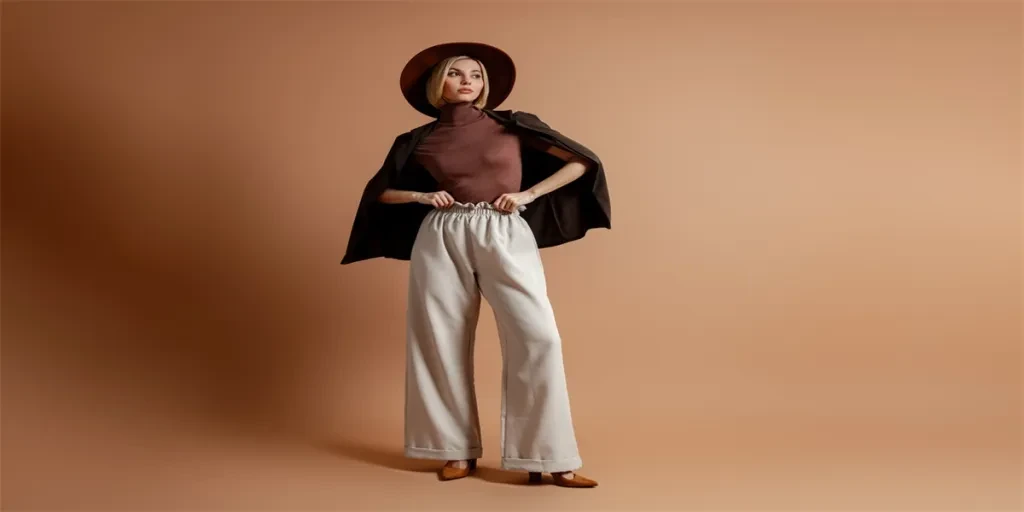 Full length of attractive young woman in elegant hat standing against brown background