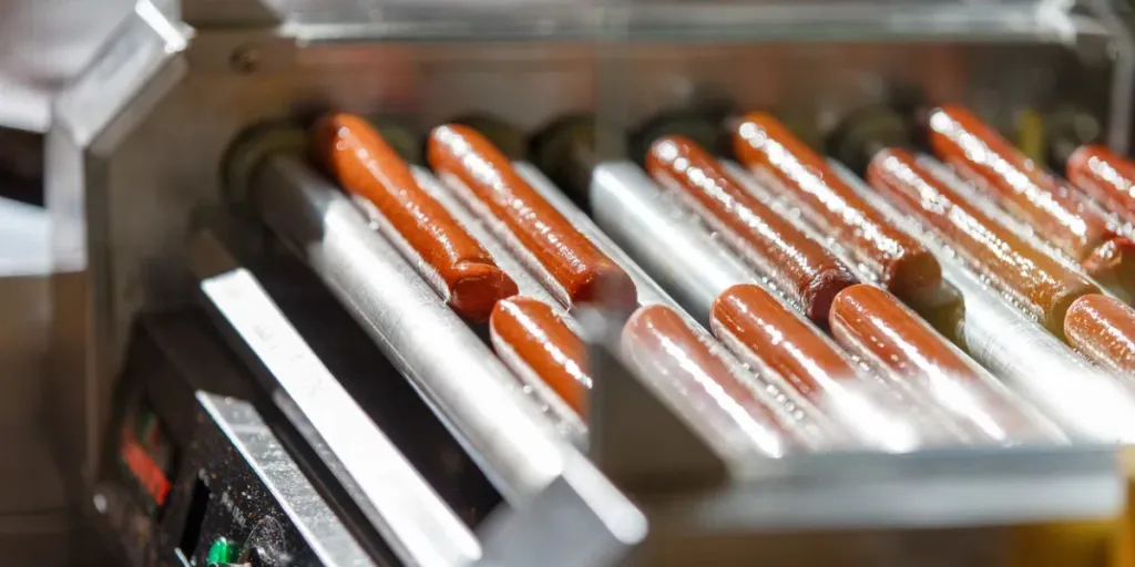 Salchichas grasientas para hot dogs en una máquina de cocción giratoria en una cafetería