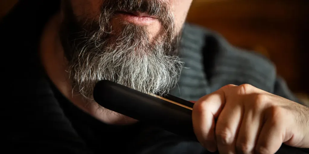 Grey bearded man with a straightener