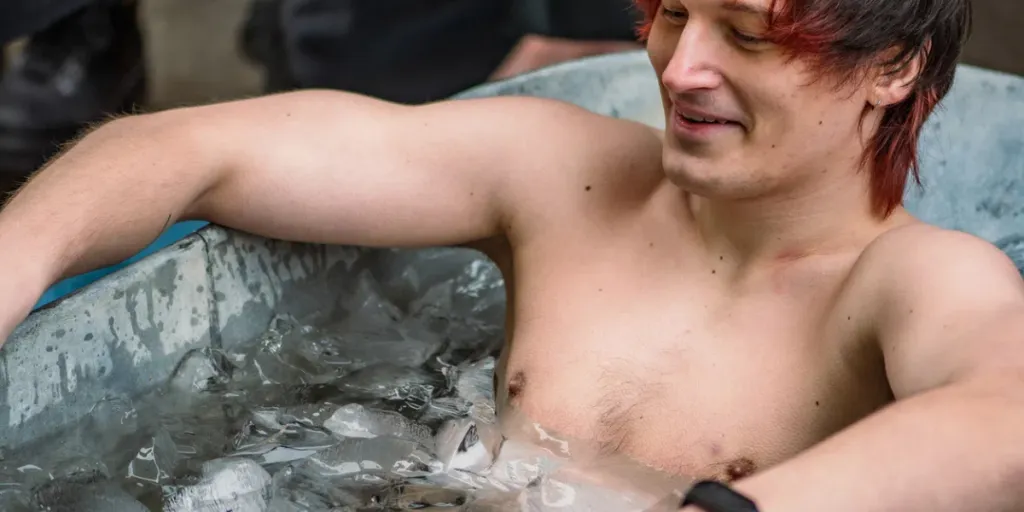 Handsome boy ice bathing in the cold water among ice cubes in a vintage bathtub