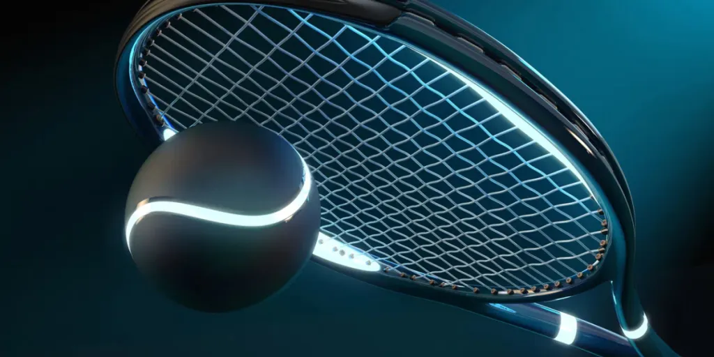 Hochdetaillierter 3D-Tennisschläger mit Lichtquellenteilen und einem Tennisball auf dunklem Hintergrund im blauen futuristischen Stil