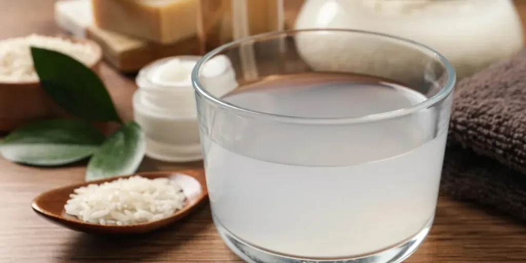 Agua de arroz natural casera y productos cosméticos sobre mesa de madera.