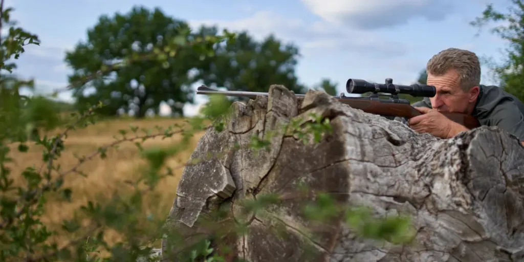 Caçador com rifle na floresta