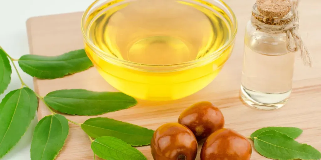 Jojoba oil and fresh jujube fruit on wooden background