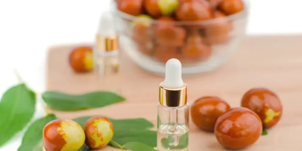 Jojoba oil in a transparent bottle with a dropper and fresh jojoba fruit on a wooden table