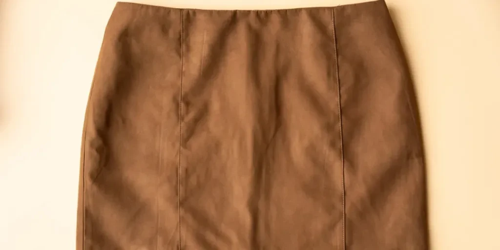 Light brown artificial suede mini skirt lies on a peach color background