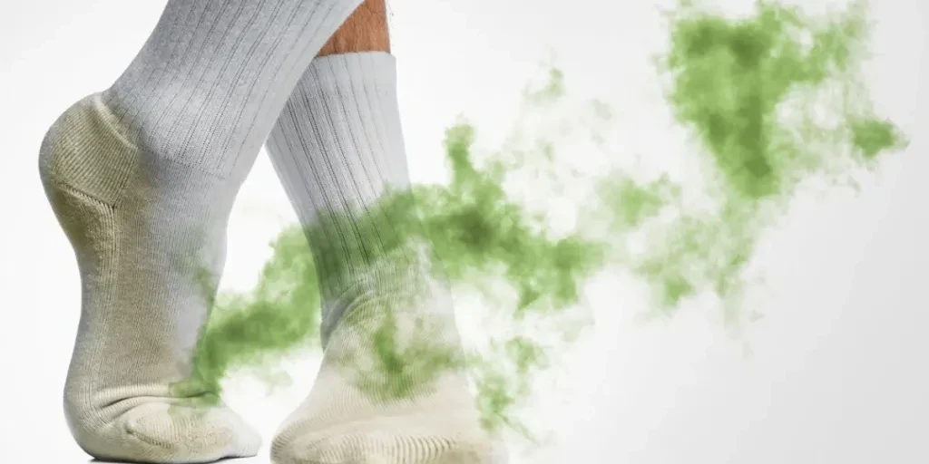 Male feet with smelly dirty socks on white background