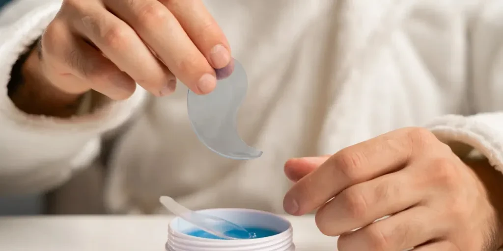 Male hand holding sample of blue algae extract eye patch over white jar of product