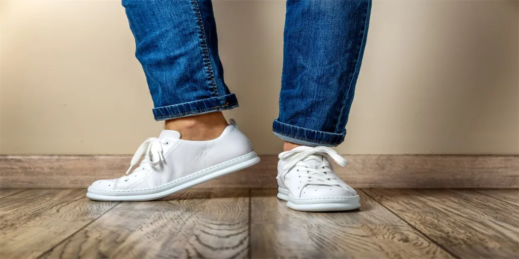 Hombre con elegantes zapatillas blancas nuevas y vaqueros de pie en el suelo de parquet de su casa