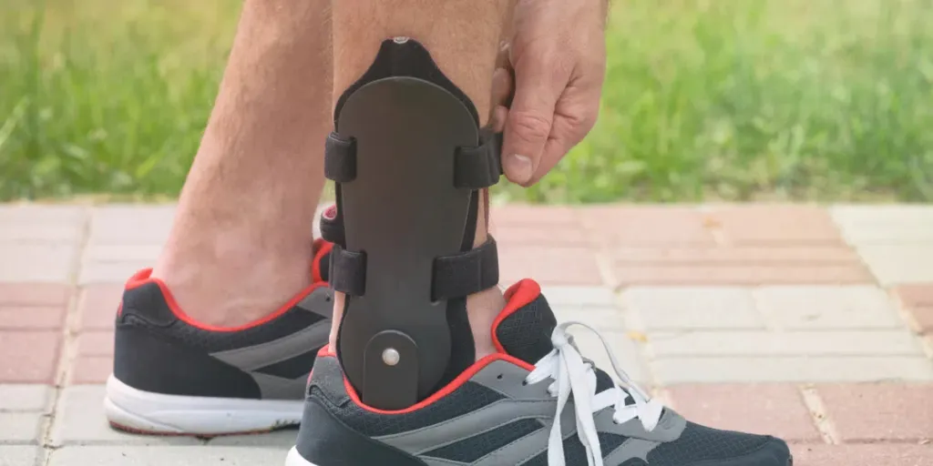 Man in athletic sneakers wearing ankle orthosis or brace