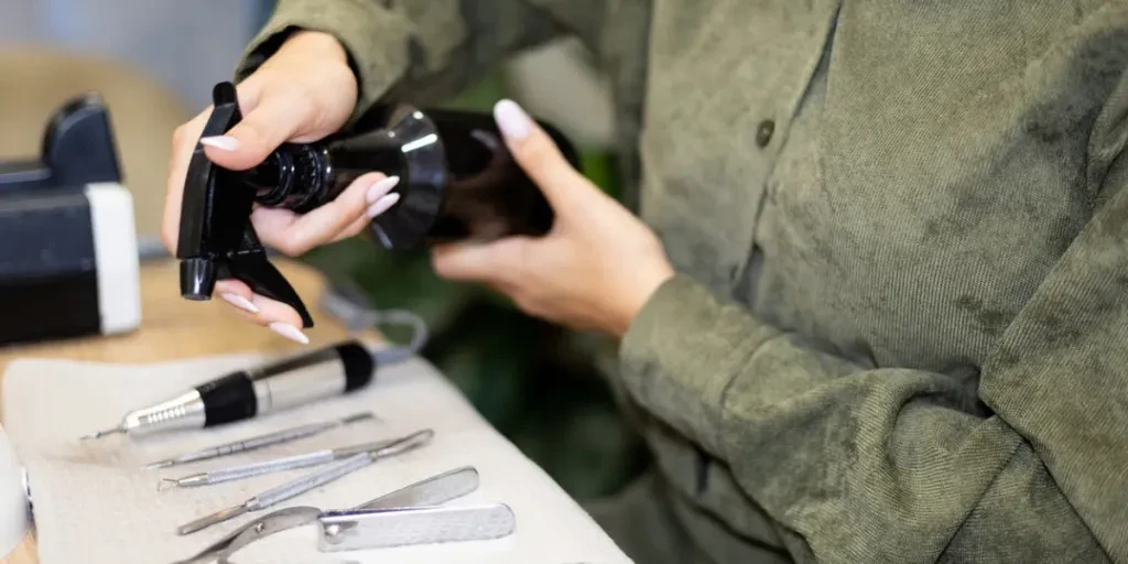 Manicurist making nail manicure instruments disinfection process