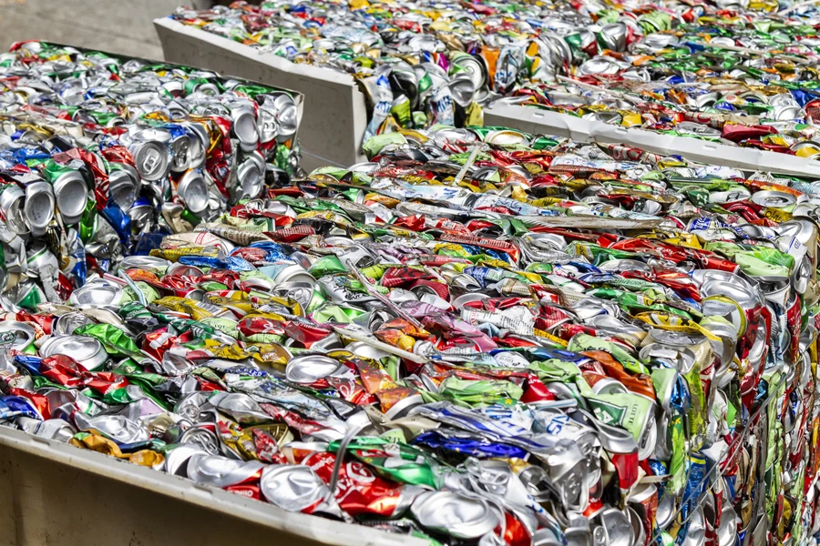 Massive pile of crushed aluminum cans ready for recycling