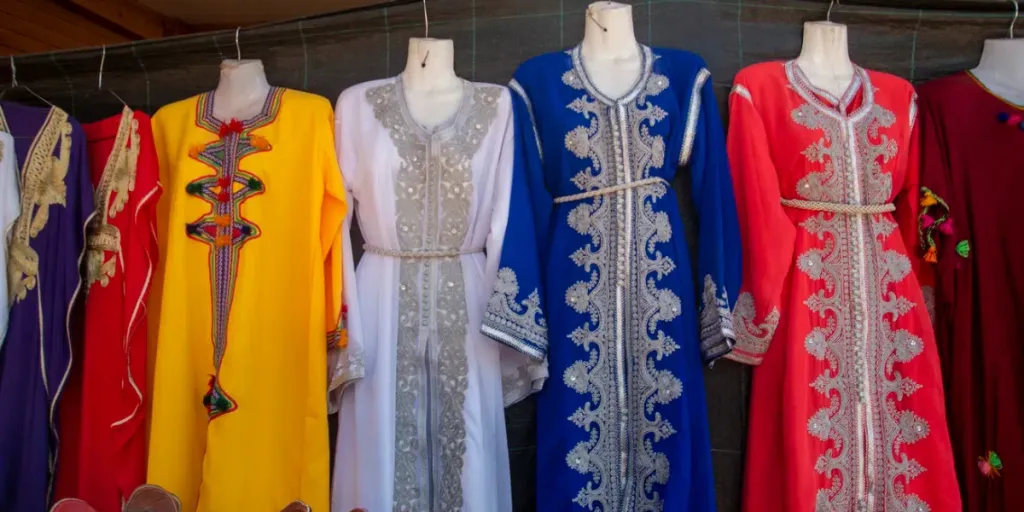 Moroccan traditional colorful woman dress in street market