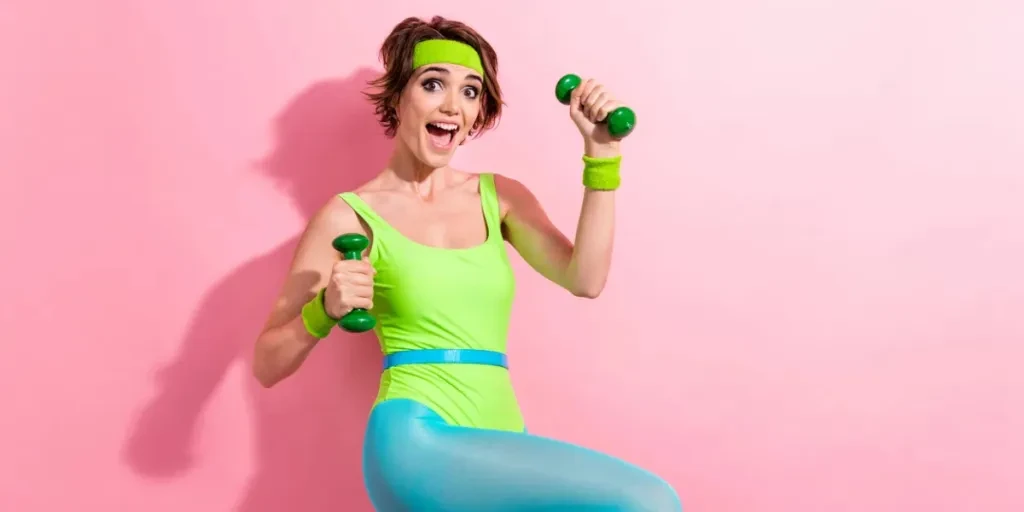 Photo of excited sporty lady practice power lifting achieve weight isolated pastel color background