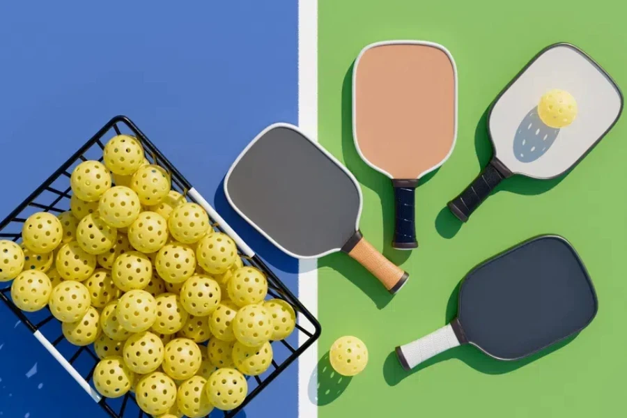 Pickleball rackets basket balls on the court