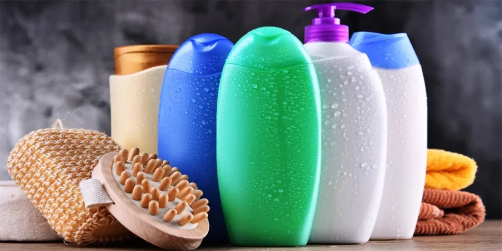 Plastic bottles of body care and beauty products