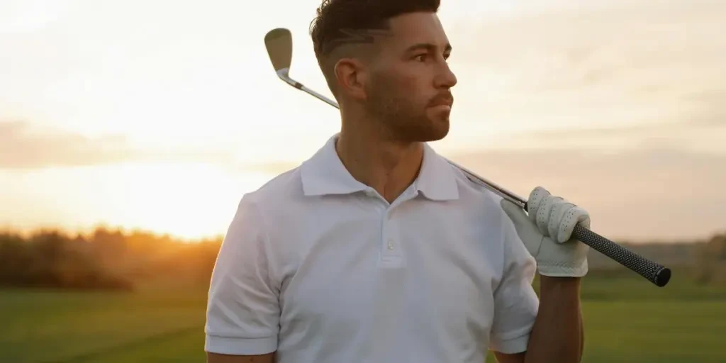 Porträt eines stilvollen männlichen Golfers, der mit einem Schläger bei Sonnenuntergang auf einem Golfplatz posiert und ein weißes Poloshirt trägt