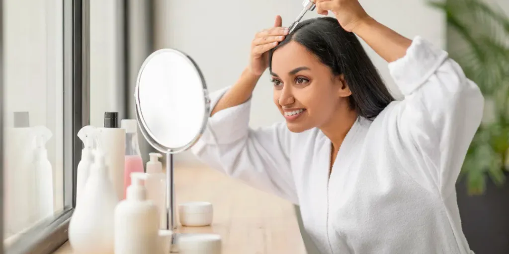 Une jolie jeune femme indienne positive portant un peignoir blanc regardant dans le miroir