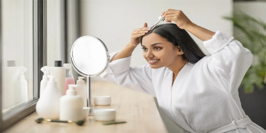 Une jolie jeune femme indienne positive portant un peignoir blanc regardant dans le miroir