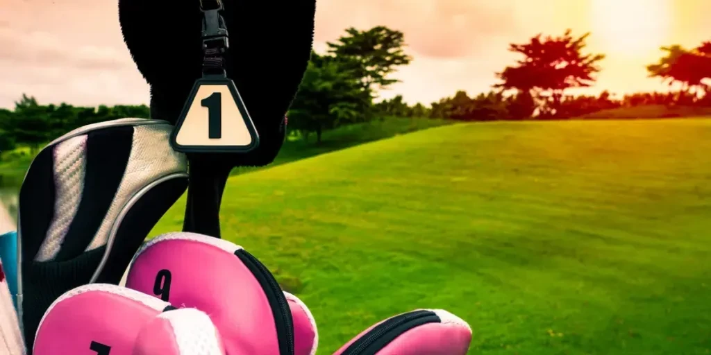 Professional golfer's golf bag with golf clubs, woods, irons set on fairway green grass in golf course at sunset