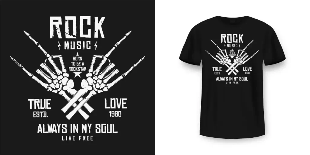 Rock music t-shirt graphic design with skeleton