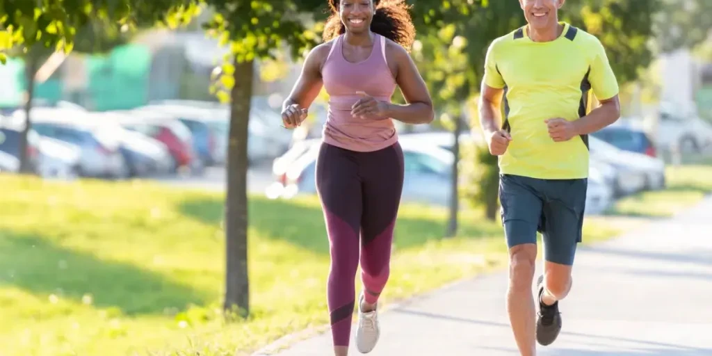 Smiling man and woman running in a public park