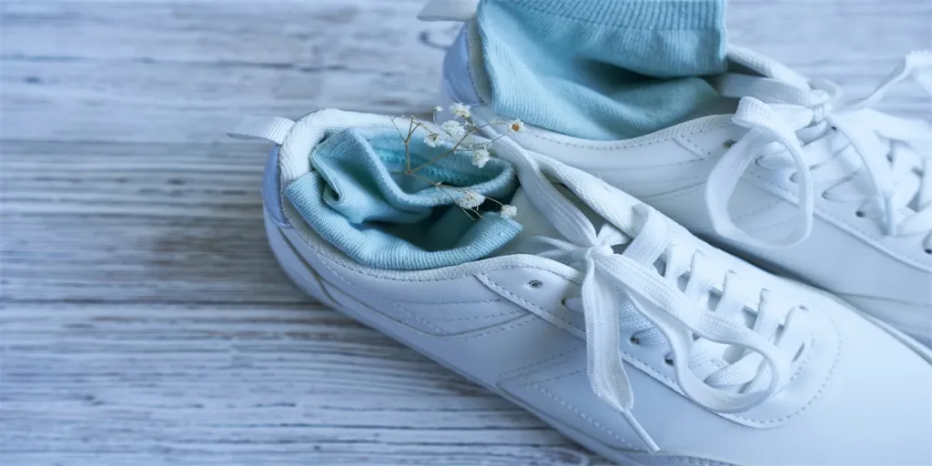 Sneakers met bloemen in sokken op houten achtergrond