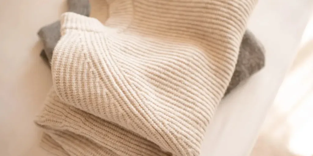 Stack of knitted wool textile sweaters clothes on white blanket in bed at home room close up