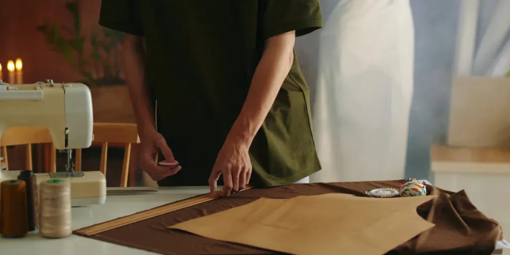 Tailor using pattern and ruler to cut dress at table in workshop