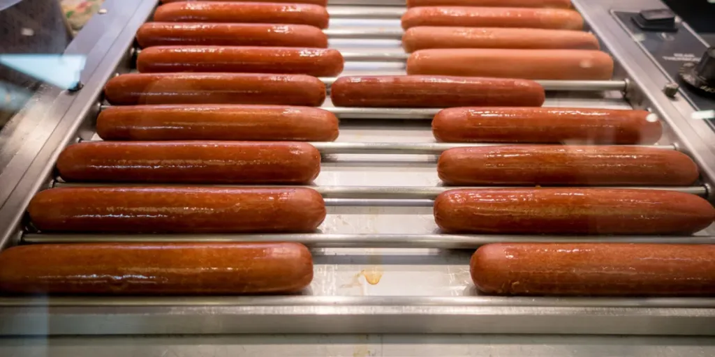 These are hot dogs being cooked on a roller cooker