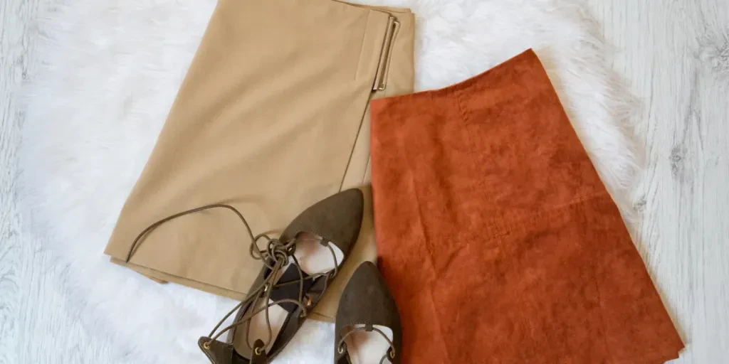 Two brown suede skirt and shoes on a white fur