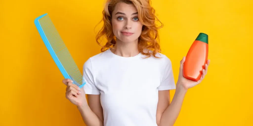 Woman hold bottle shampoo and conditioner.