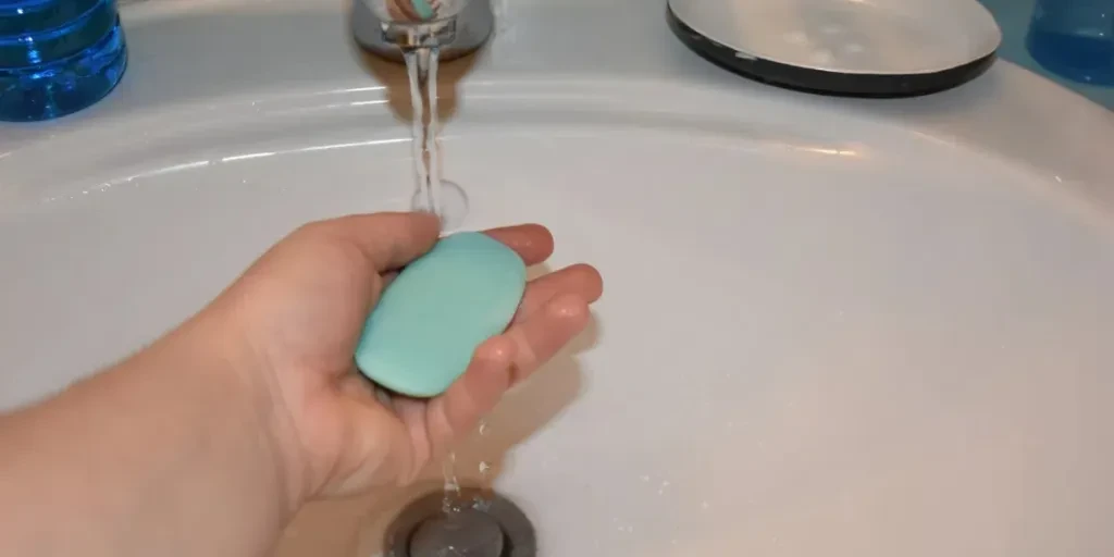 Woman washing hands with soap in bathroom