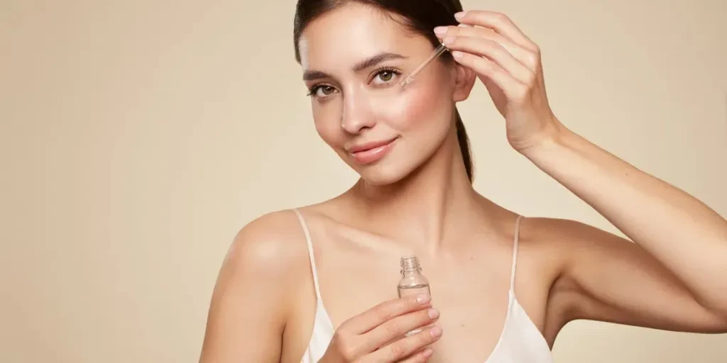 Young beautiful woman applying face serum with pipette