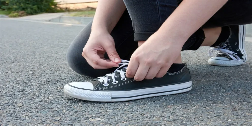 Young woman ties laces in sneakers on asphalt road in city in summer or spring day